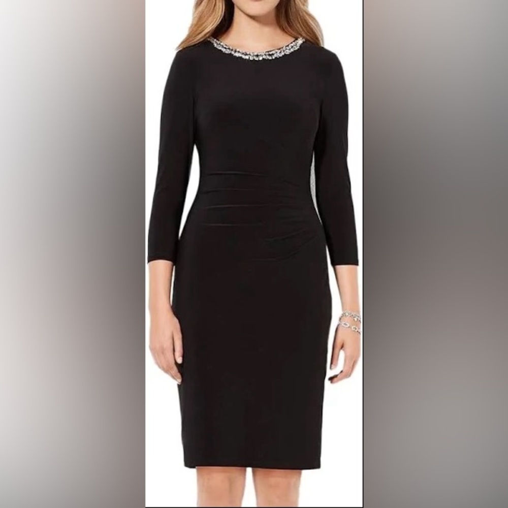 Ralph Lauren Black Stretch Matte Jersey Jewel Beaded Neck Sheath Dress 18